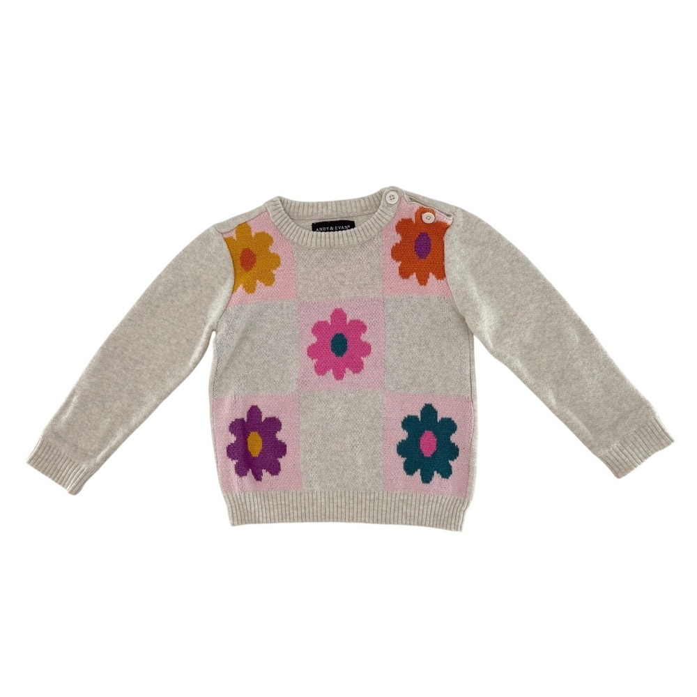 Andy & Evan Toddler 18-24M Floral Checkerboard Cotton Knit Sweater Oatmeal Pink